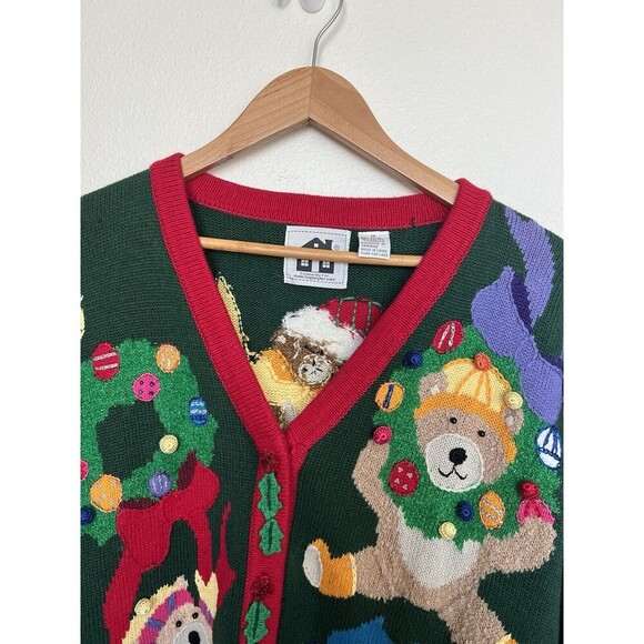 Storybook Knit VTG 3D Teddy Bear Christmas Knit Cardigan Novelty Sweater Grandma - Picture 5 of 11